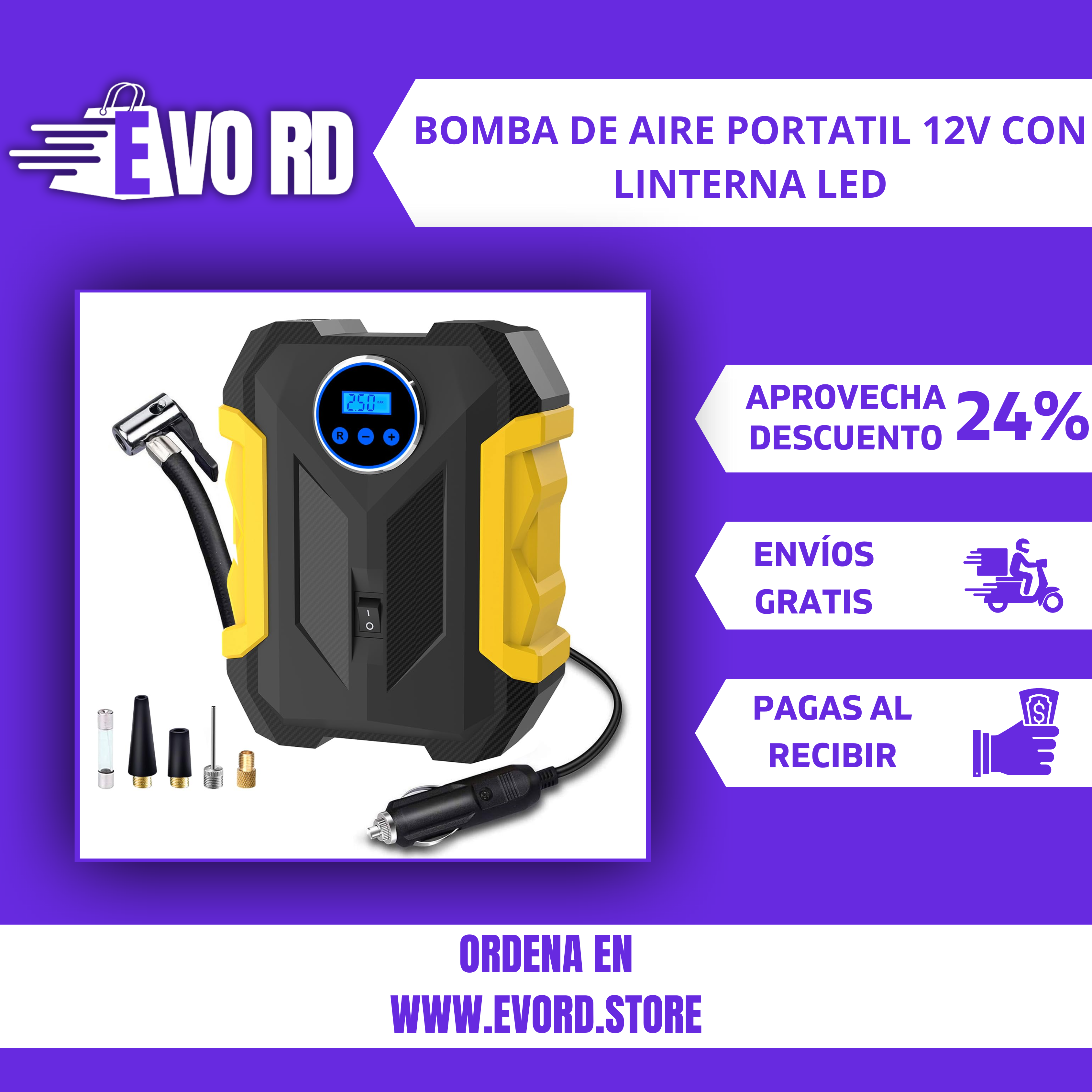 BOMBA DE AIRE PORTATIL 12V CON LINTERNA LED